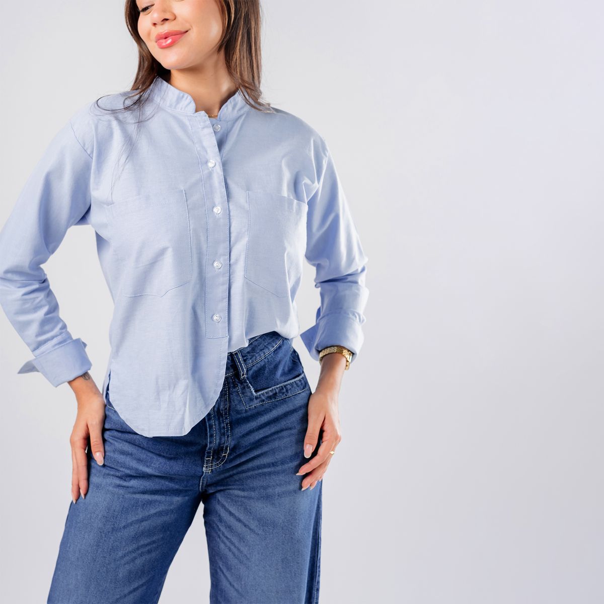 ROXJES JEANS - Blusa Manga Larga Oversize Cuello Chino Mujer