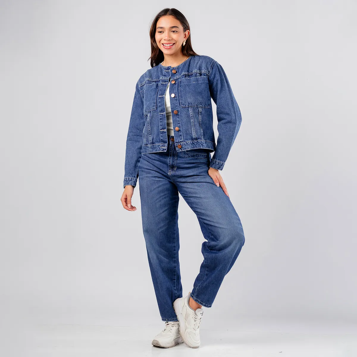 ROXJES JEANS - Casaca Clasica Algodon Denim Sin Cuello Mujer
