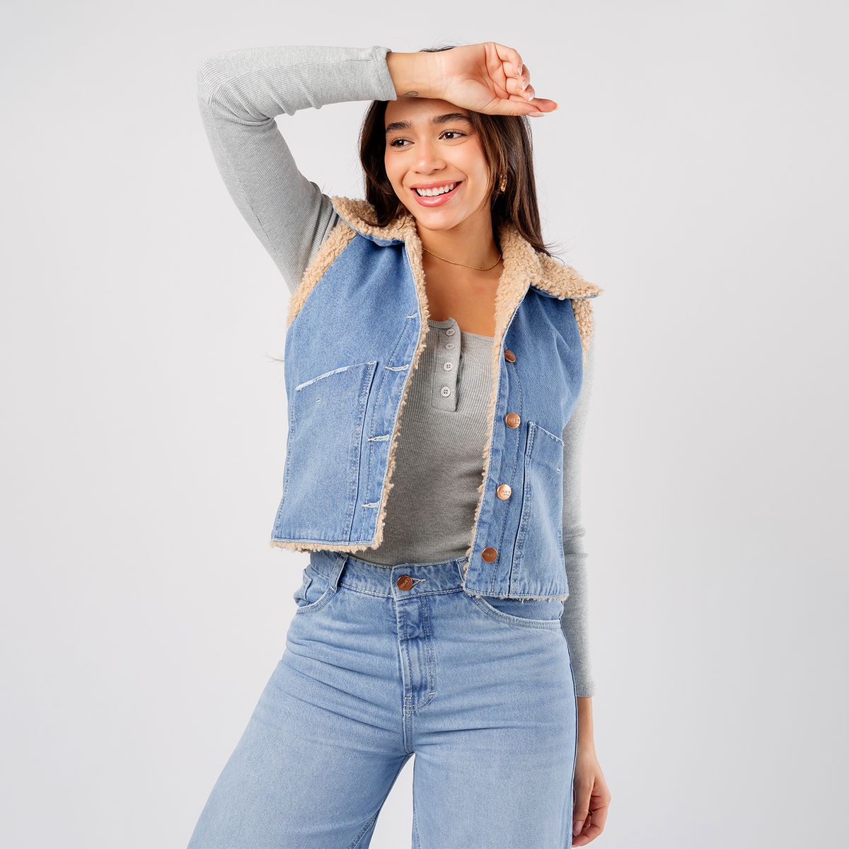 ROXJES JEANS - Chaleco Denim Con Forro Carnero Mujer