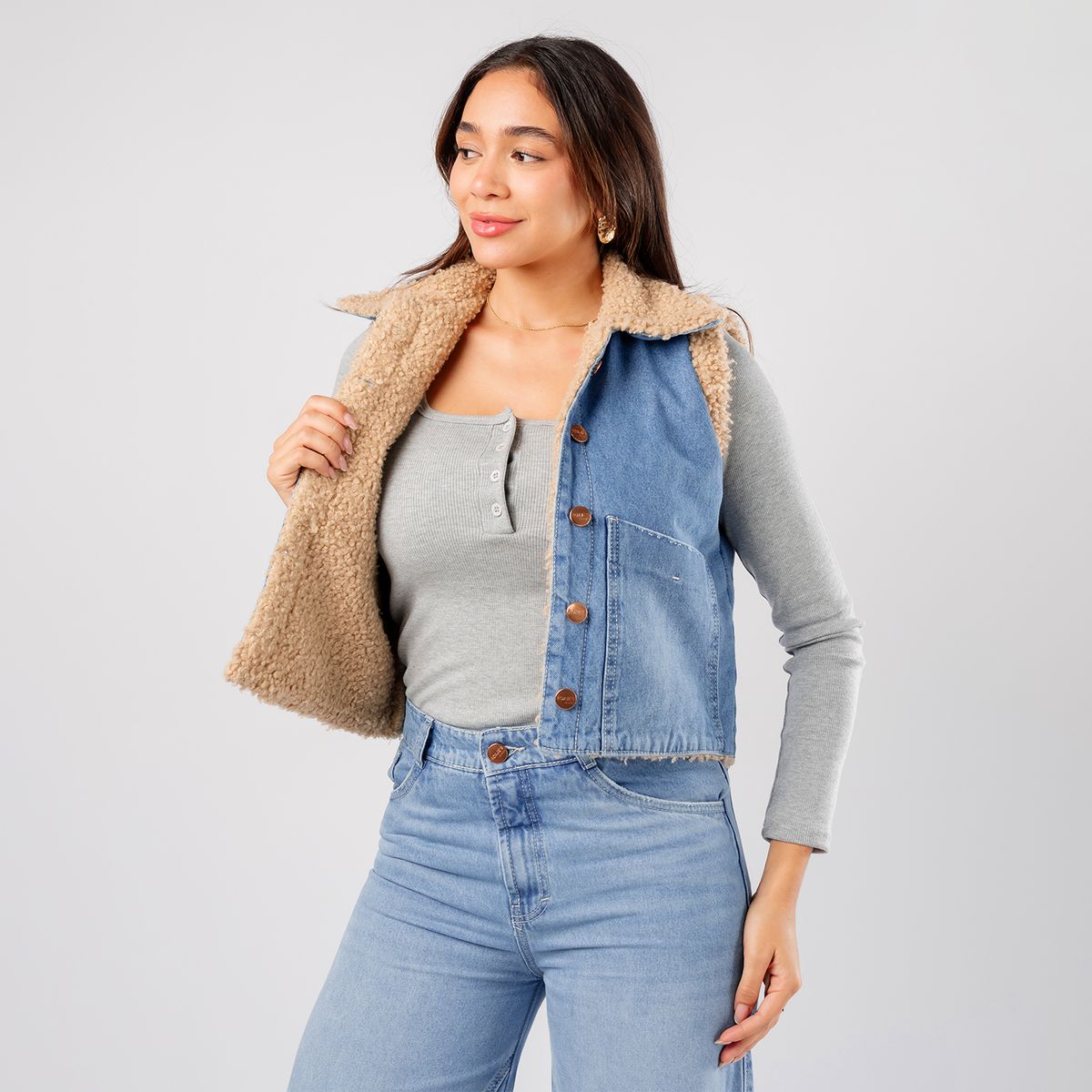 ROXJES JEANS - Chaleco Denim Con Forro Carnero Mujer