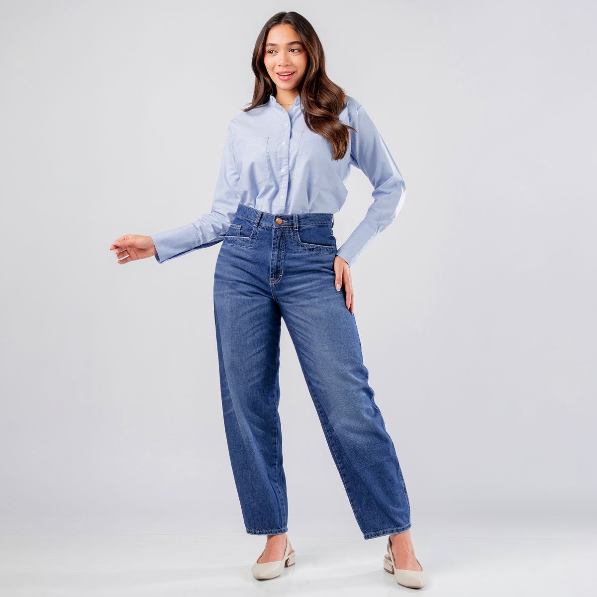 ROXJES JEANS - Jean Barrel Algodon Denim Tiro Alto Mujer