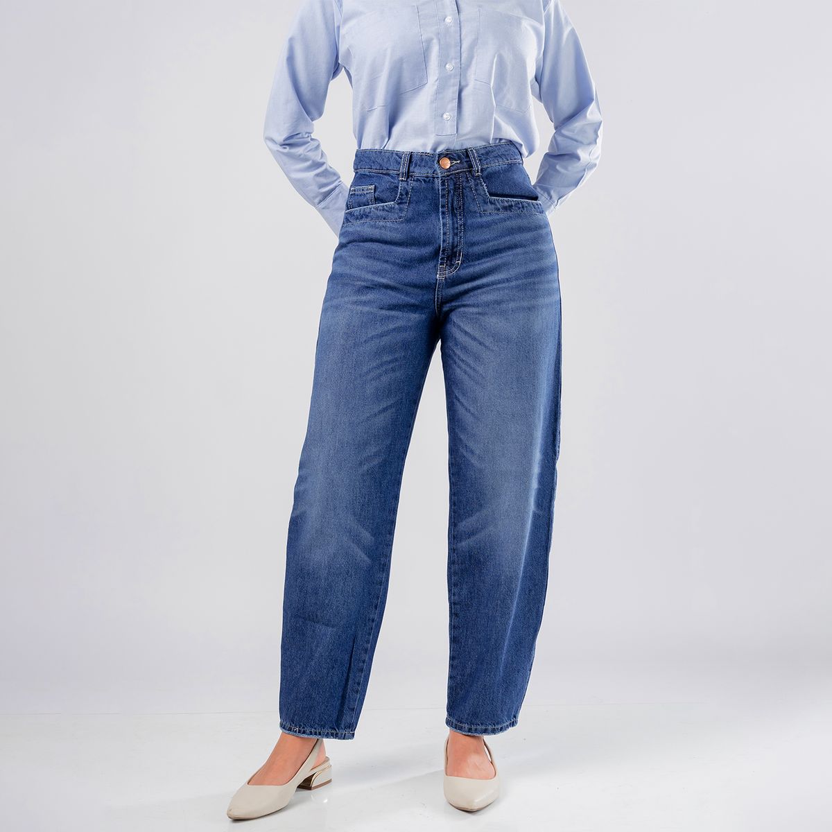 ROXJES JEANS - Jean Barrel Algodon Denim Tiro Alto Mujer