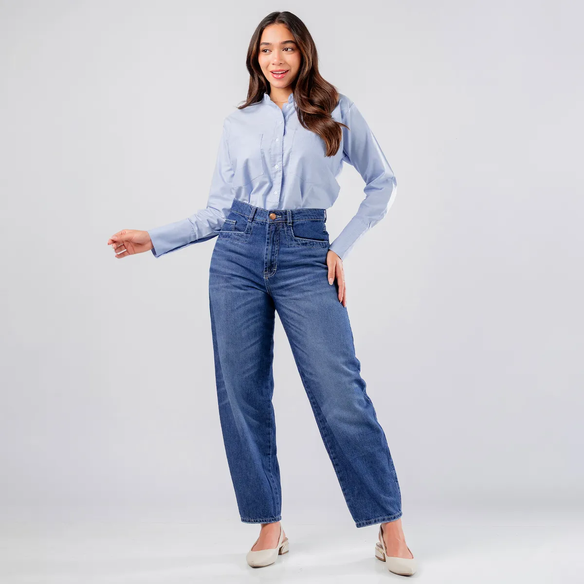 ROXJES JEANS - Jean Barrel Algodon Denim Tiro Alto Mujer