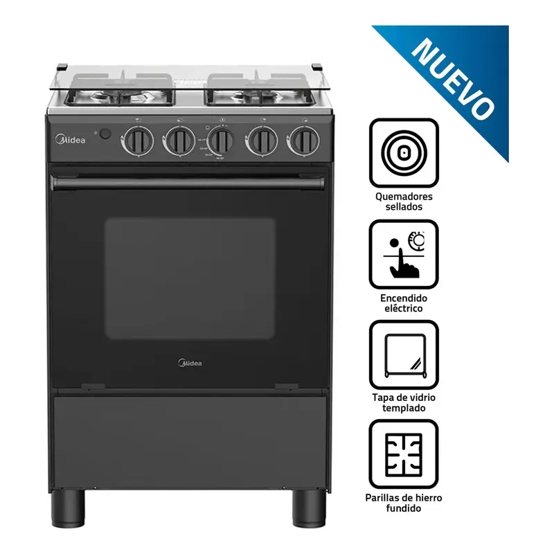 MIDEA - Cocina Midea 4 Hornillas 24" 67 Litros Negro MGS24FS2LFABBC (Nuevo)