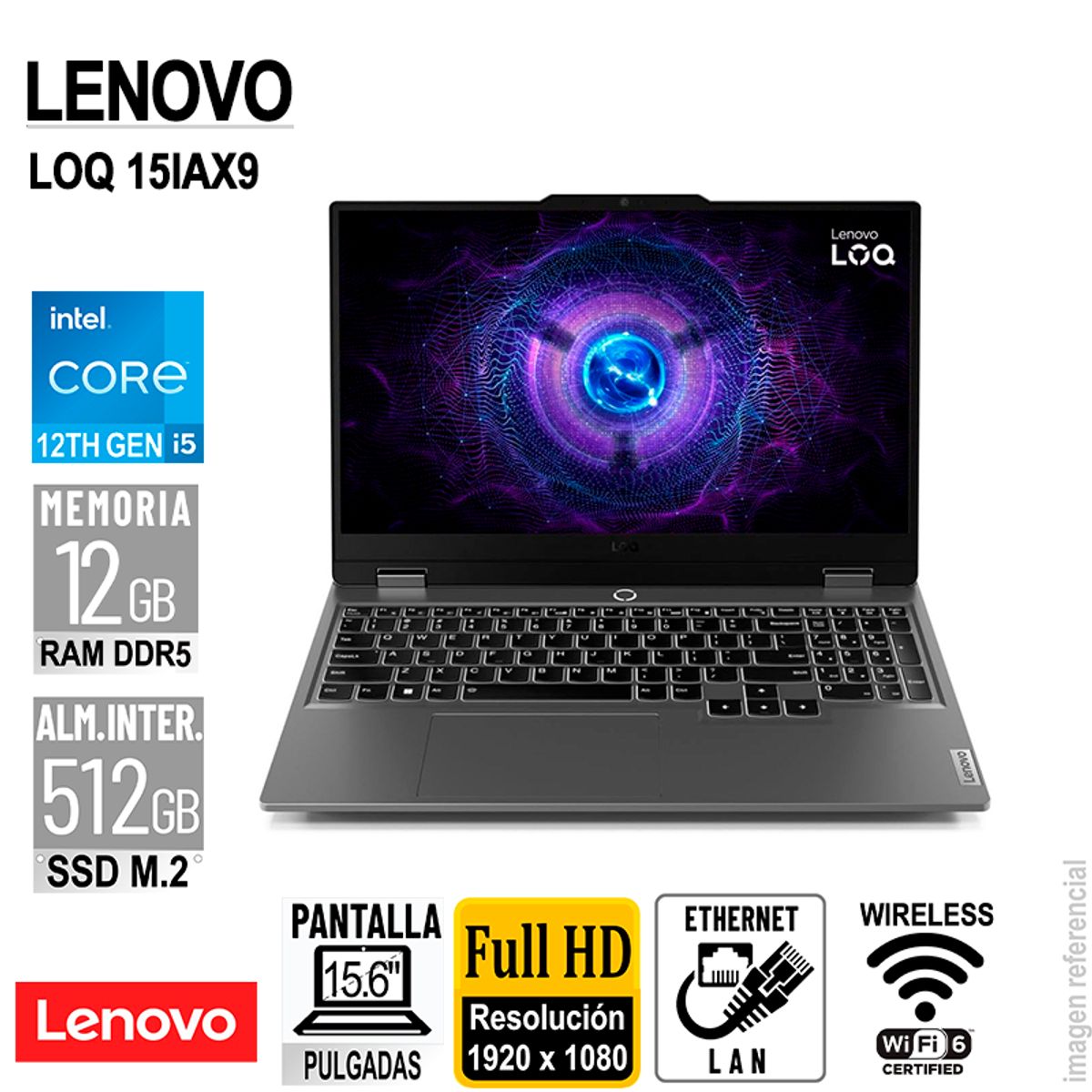 LENOVO - LAPTOP LENOVO LOQ 15IAX9 156 FHD IPS CORE i5-12450HX 44GHz 12GB DDR5 SIN SISTEMA OPERATIVO