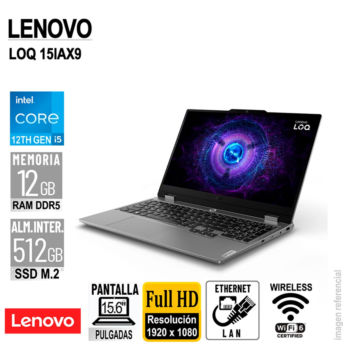 LENOVO - LAPTOP LENOVO LOQ 15IAX9 156 FHD IPS CORE i5-12450HX 44GHz 12GB DDR5 SIN SISTEMA OPERATIVO
