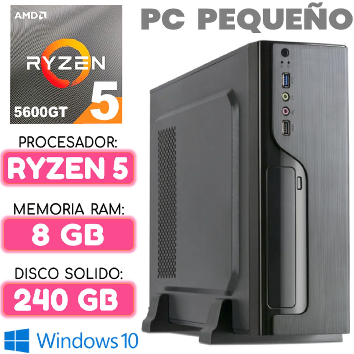 AMD - Computadora MINI CPU RYZEN 5 5600GT RAM 8Gb SSD 240Gb PC pequeño