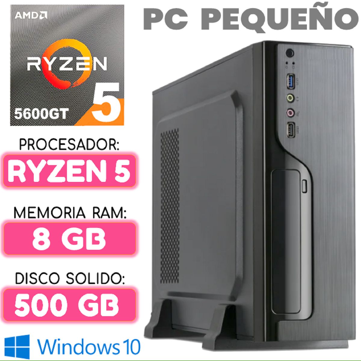 AMD - Computadora MINI CPU RYZEN 5 5600GT RAM 8Gb SSD 500Gb PC pequeño