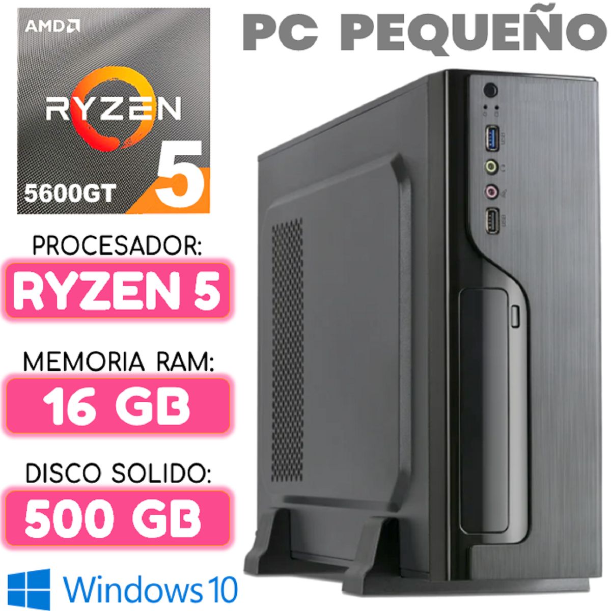 AMD - Computadora MINI CPU RYZEN 5 5600GT RAM 16Gb SSD 500Gb PC pequeño