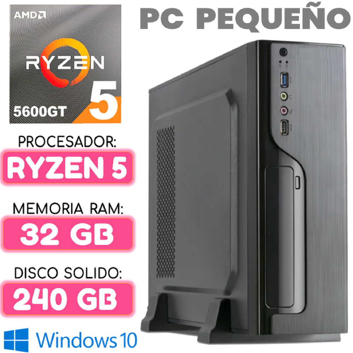 AMD - Computadora MINI CPU RYZEN 5 5600GT RAM 32Gb SSD 240Gb PC pequeño