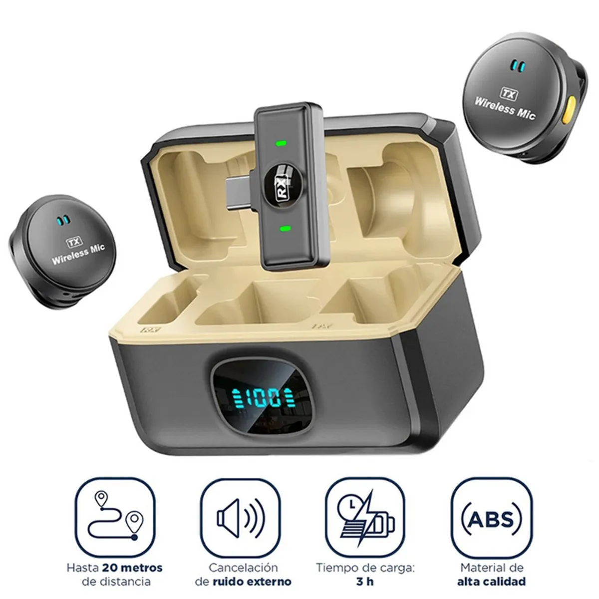 GENERICO - Micrófono Inalámbrico Usb-c con Cargador y ANC 40 Horas 2 TX + 1 RX