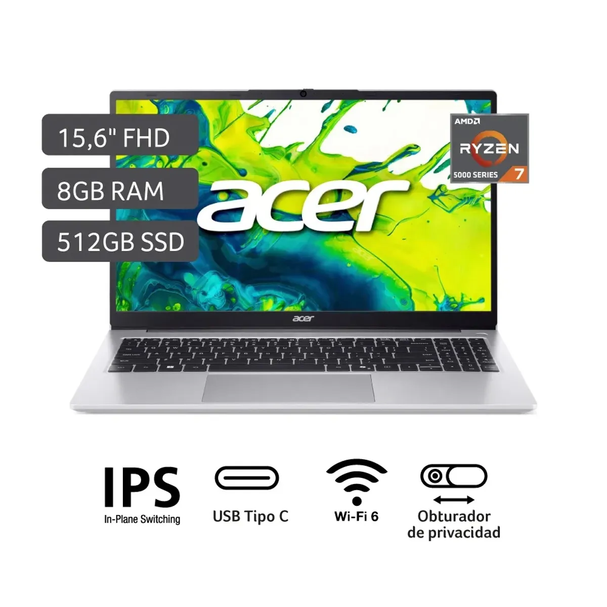 ACER - Laptop Acer Aspire AL15-43P-R8W7 Amd Ryzen 7 5825U 8Gb Ram 512Gb Ssd Pantalla 15.6" Fhd Windows 11