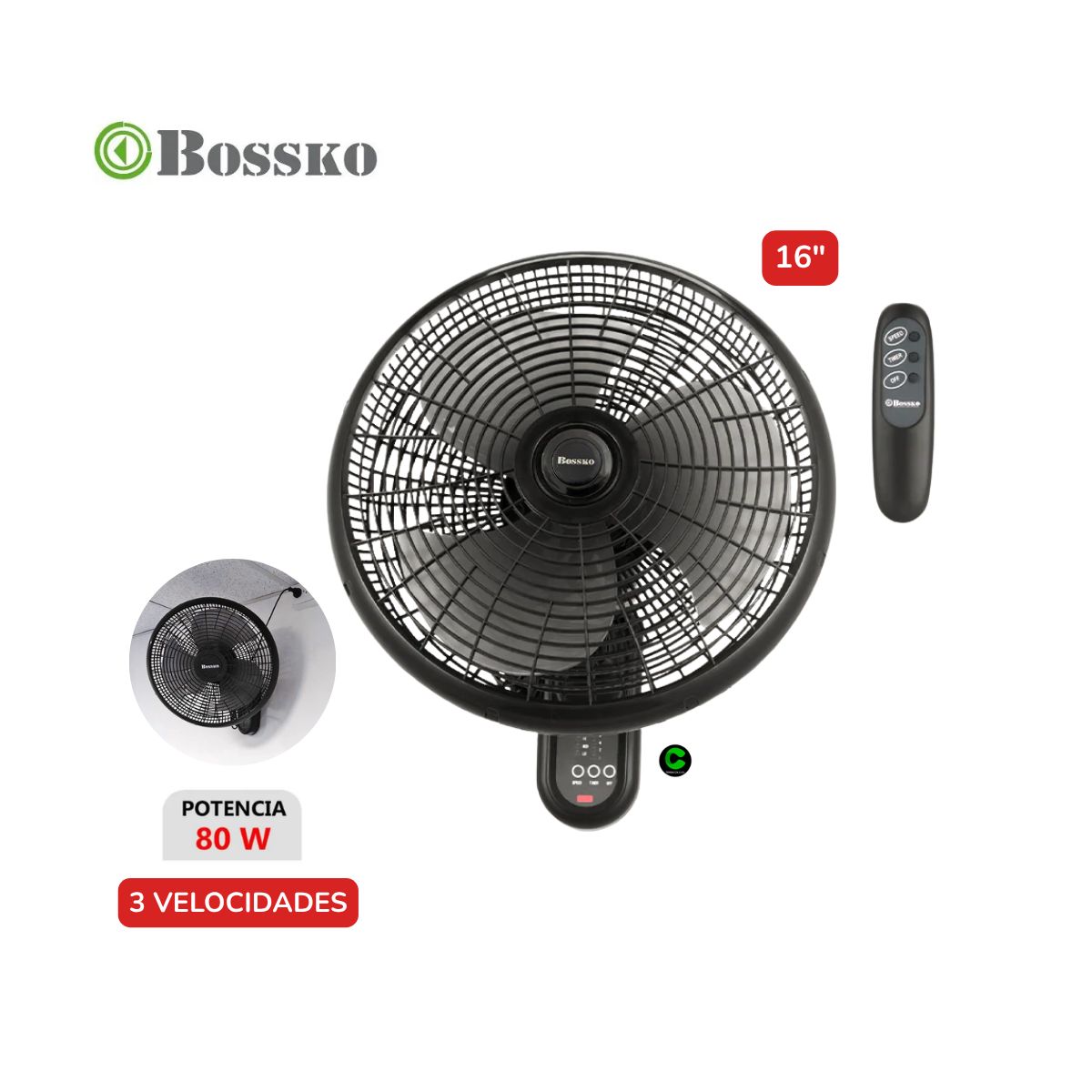 BOSSKO - Ventilador De Pared Bossko 16 Control Remoto BK-8210PD