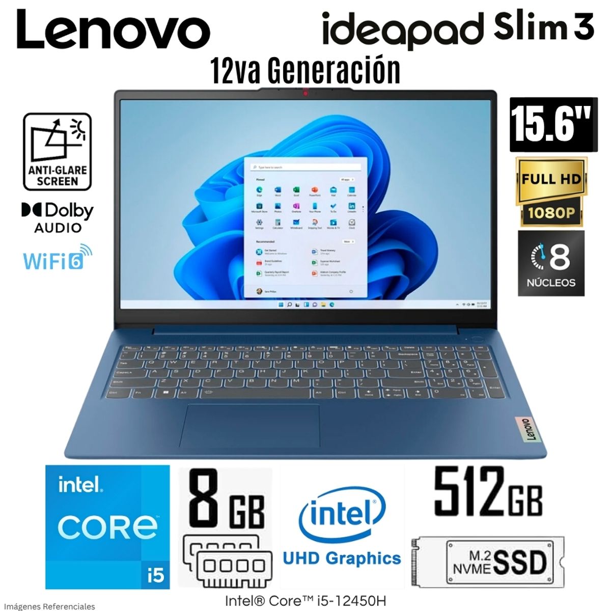 LENOVO - Laptop Lenovo Ideapad Slim 3 15IAH8 Intel Core i5 12450H 8GB RAM 512GB SSD 15.6"  FHD - 83ER001CLM