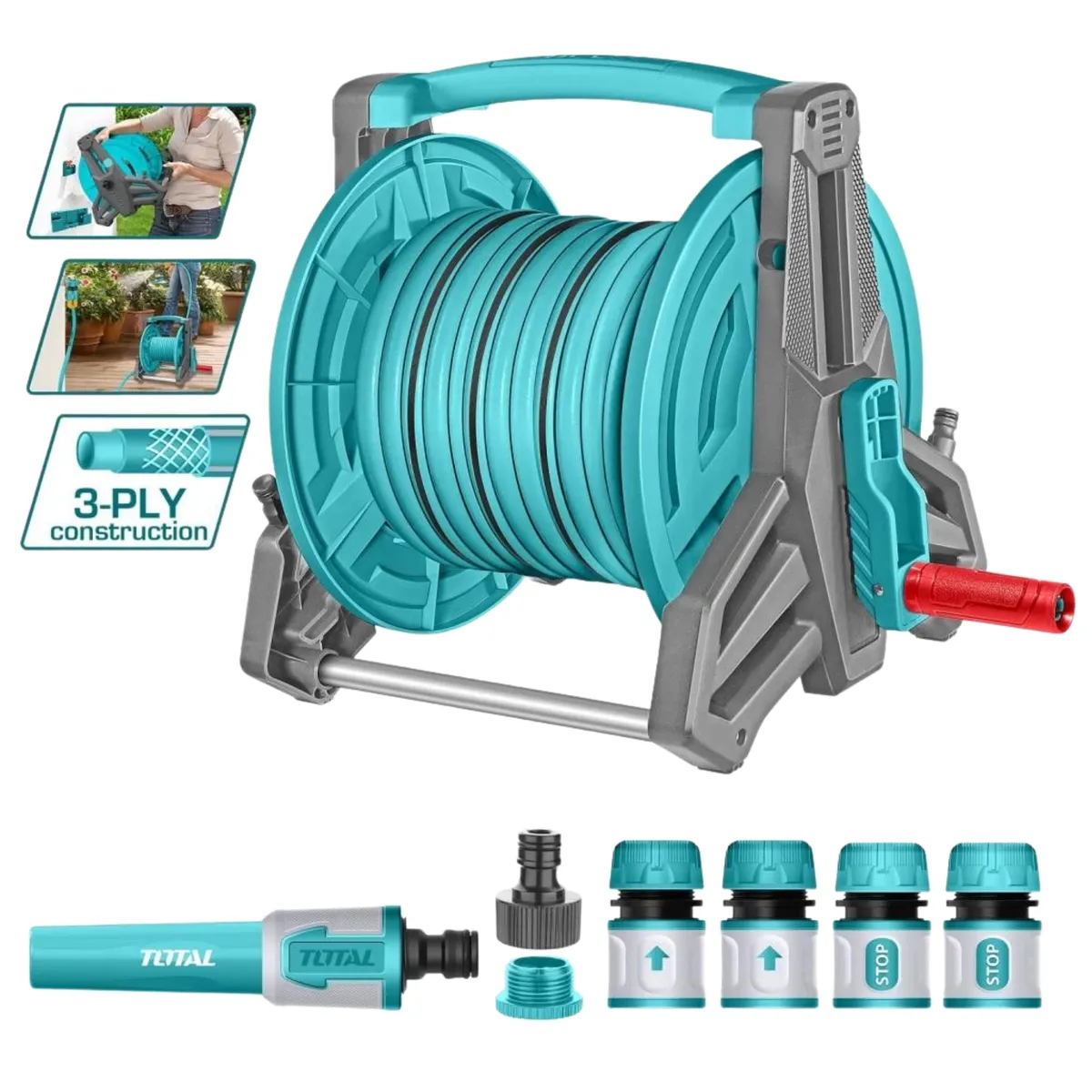 TOTAL TOOLS - Kit manguera de riego 20m porta manguera retráctil conectores rápidos
