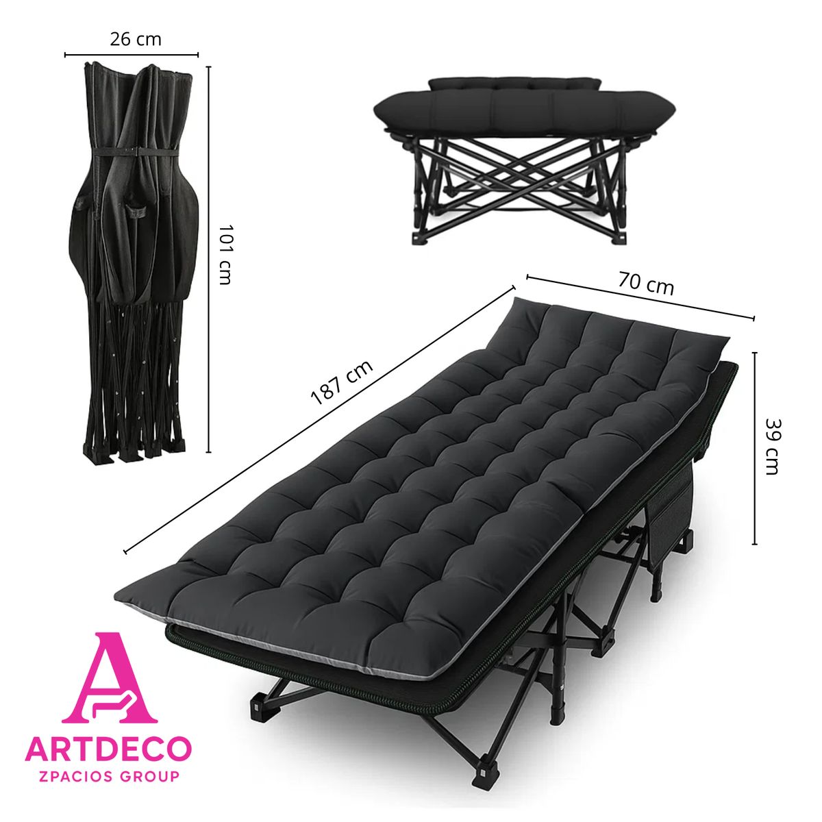 GENERICO - Cama Plegable Portátil con Colchón negro bolsa y Antifaz Interior y Exterior