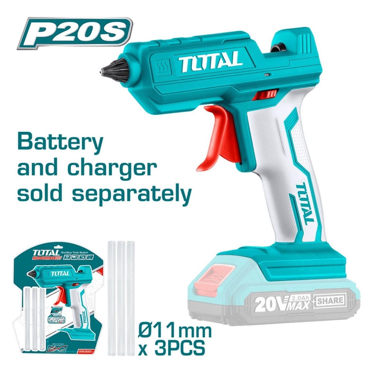 TOTAL - PISTOLA DE SILICONA CALIENTE 20V INALÁMBRICA TOTAL