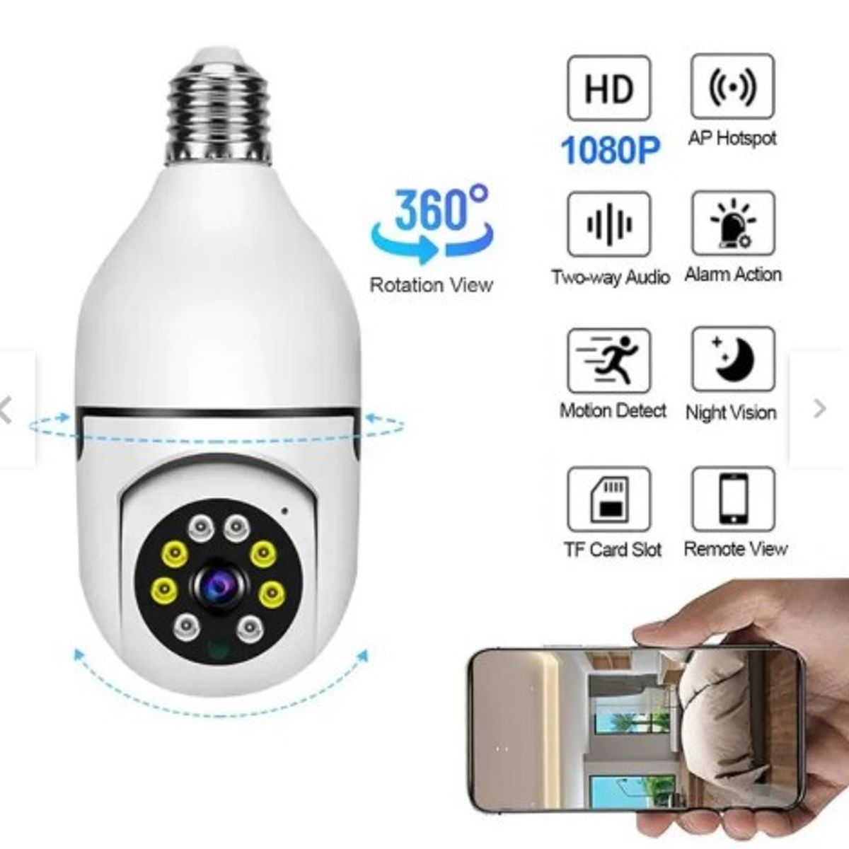 GENERICO - Foco camara espia de seguridad videovigilancia Hd 360° Wifi altavoz en vivo