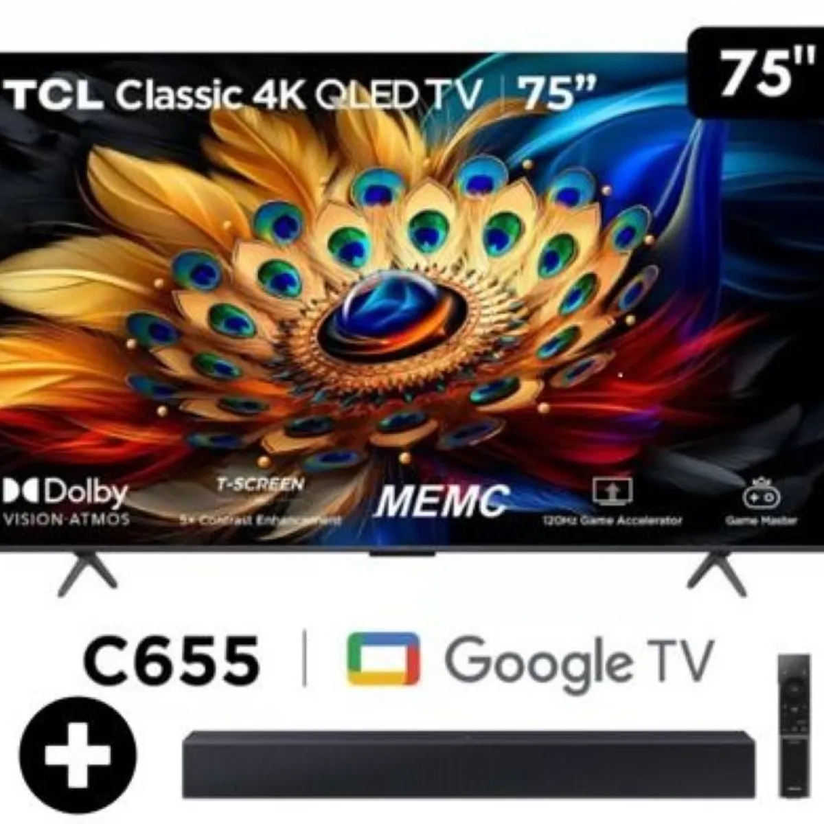 TCL - Televisor QLED 4K Ultra HD 75 75C655 Google TV + Barra de sonido c400