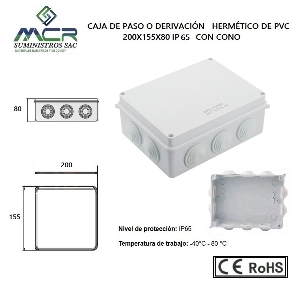 GENERICO - CAJA DE PASO O DERIVACION HERMETICO DE PVC 200X155X80 CON CONO