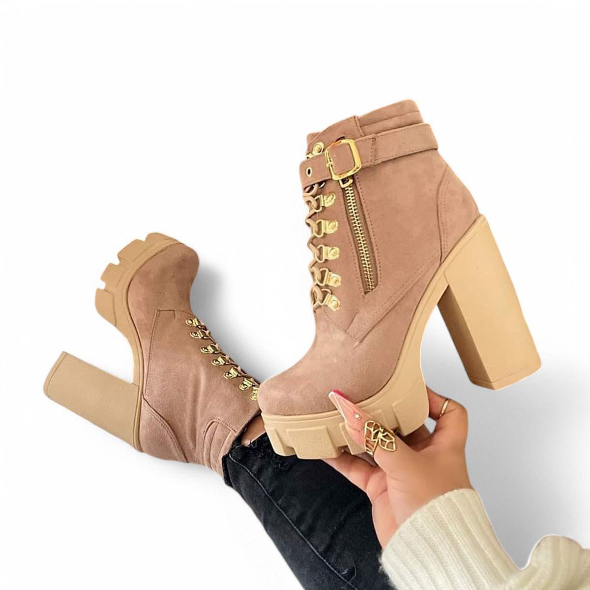 GENERICO - Botin Mujer Taco 12 Correa 2086L-70 Color Beige