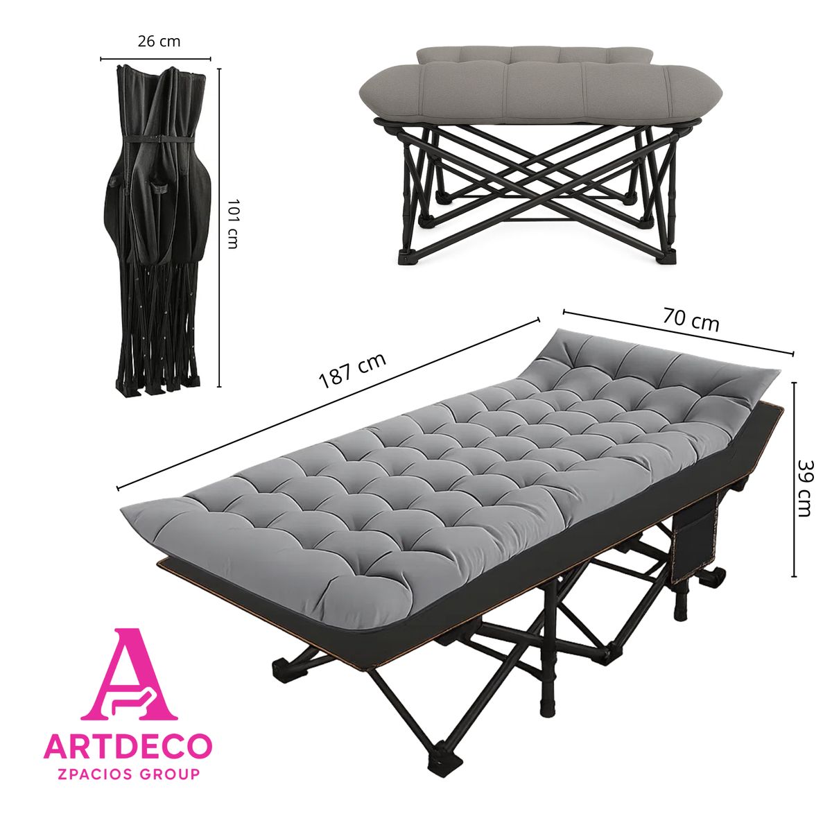 GENERICO - Cama Plegable Portátil con Colchón Gris +  bolsa y antifaz