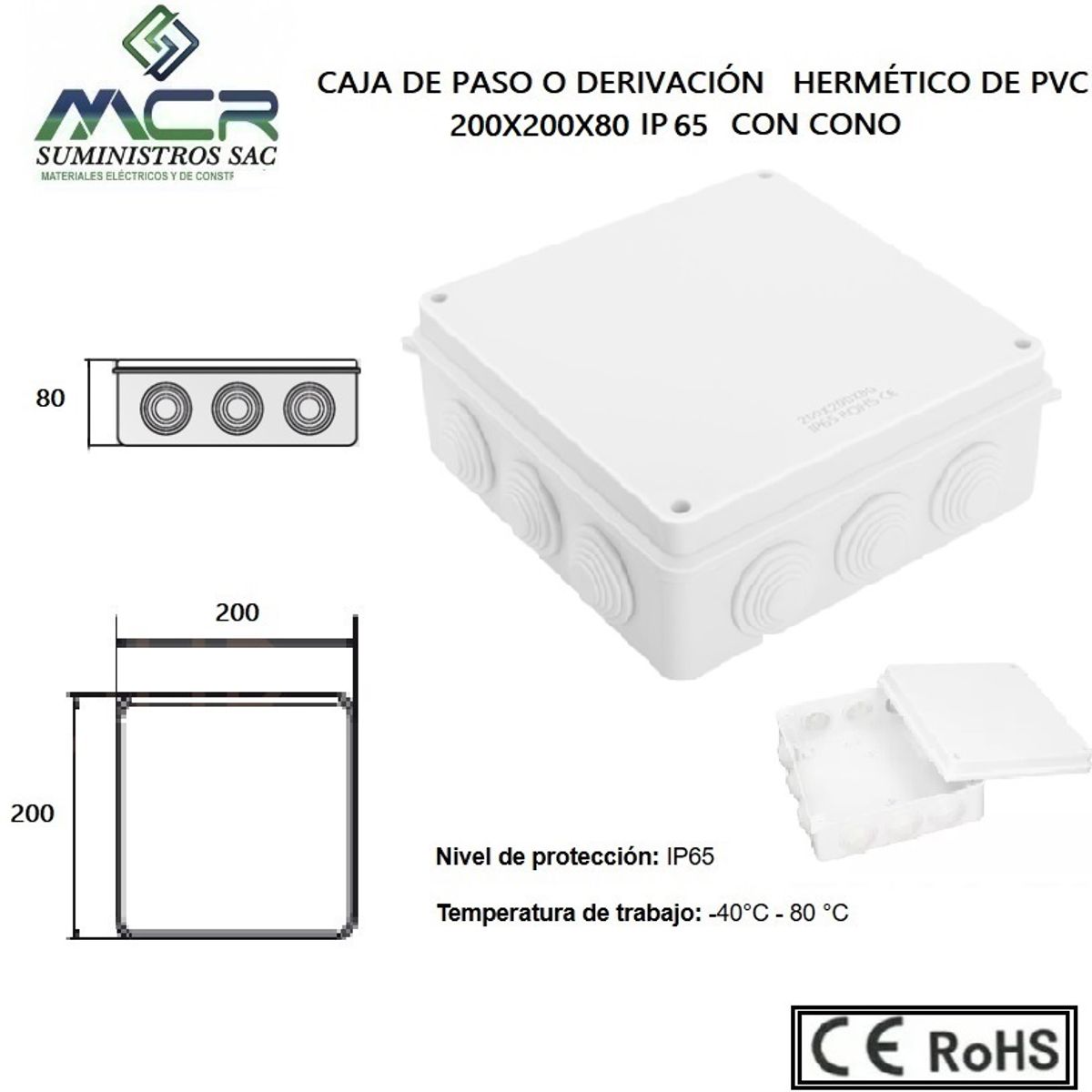 GENERICO - CAJA DE PASO O DERIVACION HERMETICO DE PVC 200X200X80 CON CONO