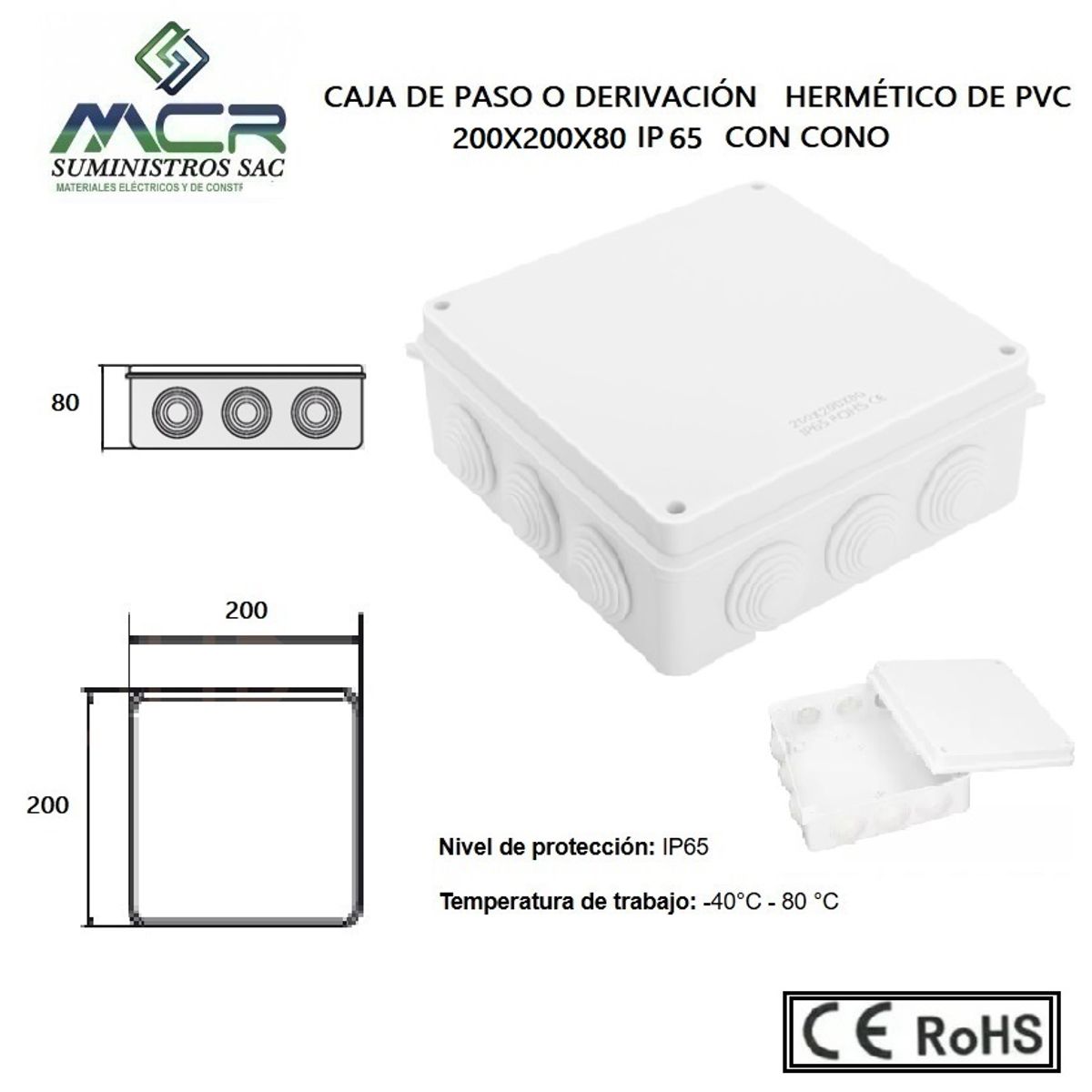 GENERICO - CAJA DE PASO O DERIVACION HERMETICO DE PVC 200X200X80 CON CONO