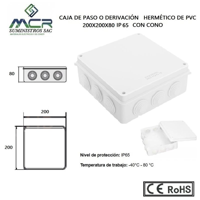 GENERICO - CAJA DE PASO O DERIVACION HERMETICO DE PVC 200X200X80 CON CONO