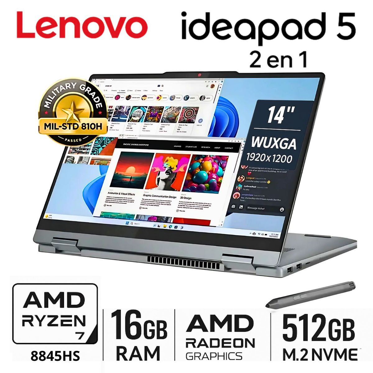 LENOVO - Laptop Lenovo Ideapad 5 2 en 1 14AHP9 AMD Ryzen 7 8845HS 16GB RAM 512GB SSD 14" WUXGA - 83DR007QLM