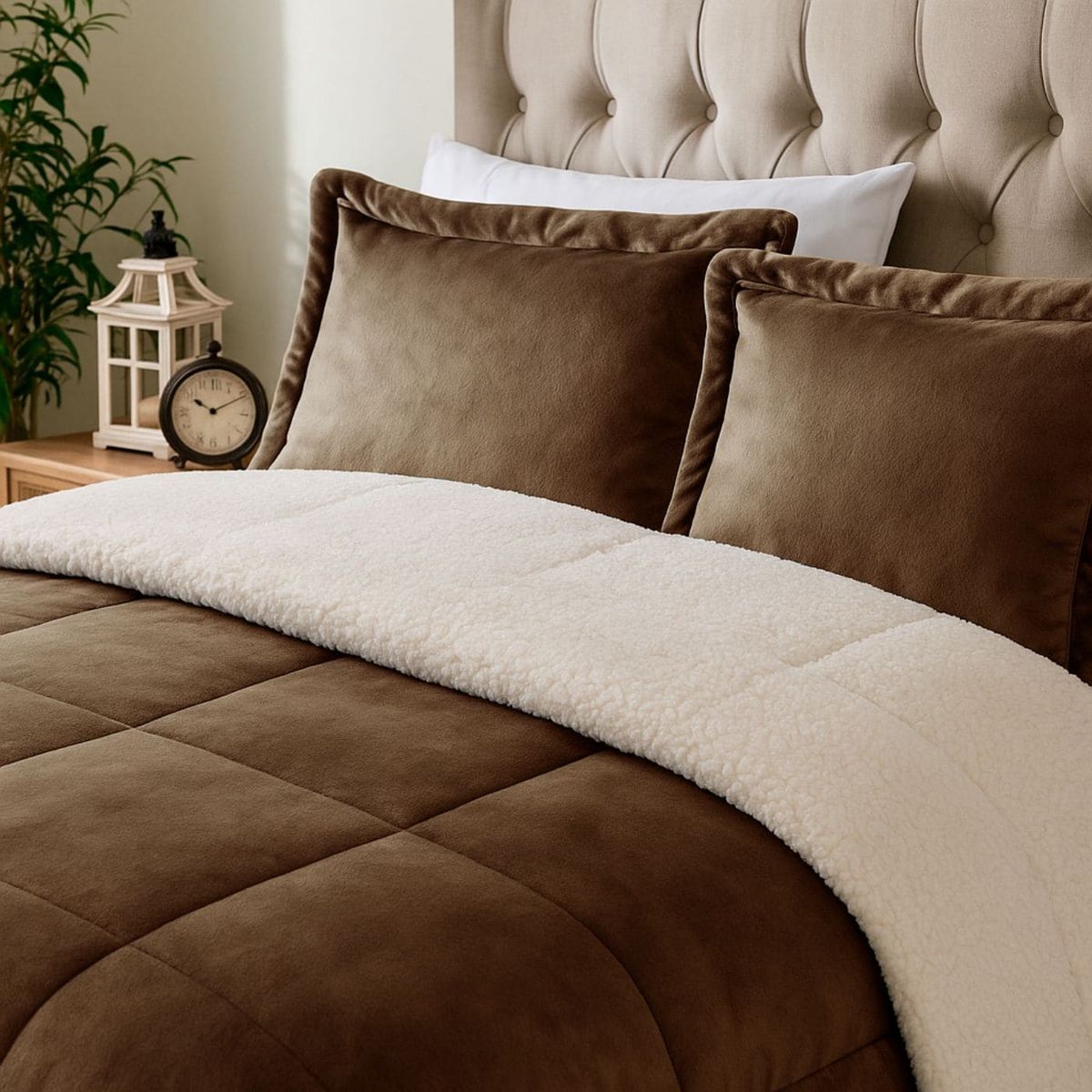 GENERICO - EDREDON KING INVERNIA SET CUADROS FELPA CON SHERPA + FUNDAS DE ALMOHADA