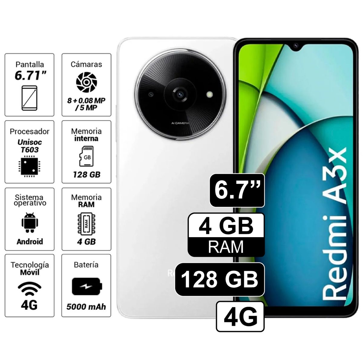 REDMI - Celular Xiaomi Redmi A3x 128GB 4GB Ram Color Blanco Lunar