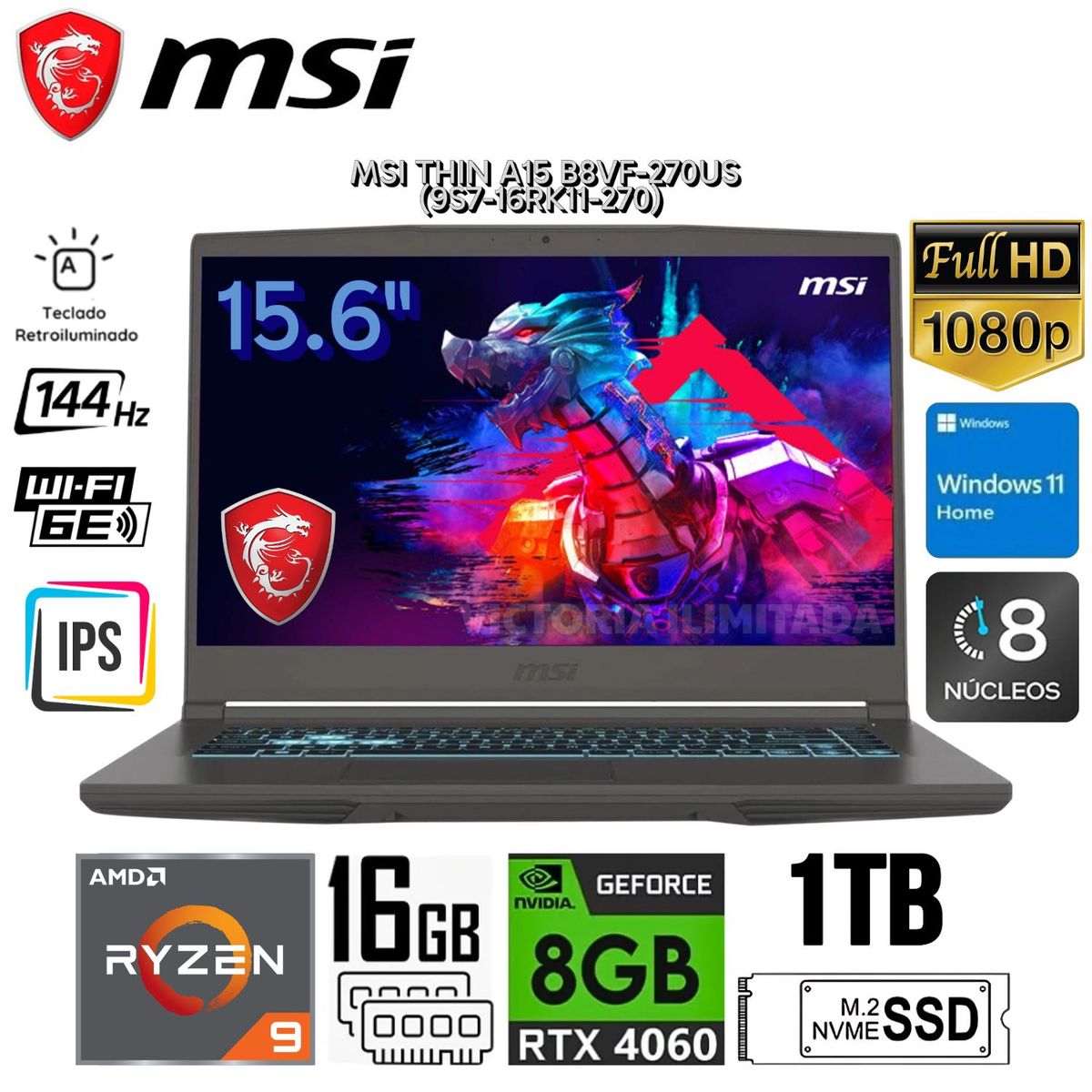 MSI - Laptop GAMER MSI THIN A15 AI B8VF-270US RYZEN 9-8945HS 16GB 1TB SSD RTX4060 8GB 15.6 FHD 144HZ WIN11