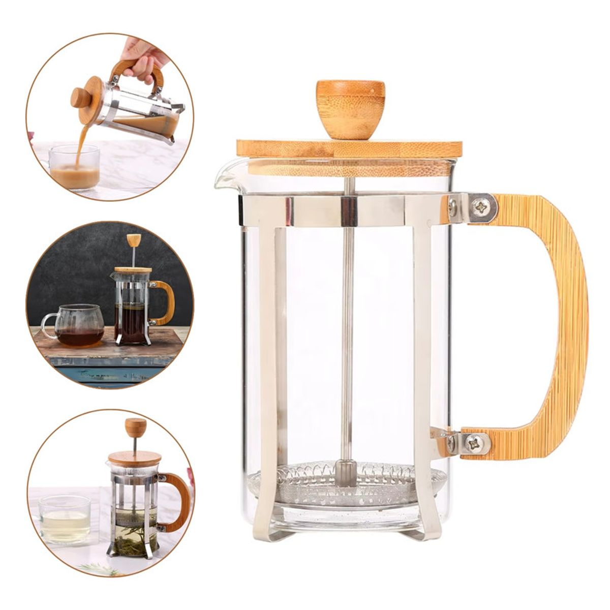 PENTHA - Cafetera Prensa Francesa 350ml con Tapa de Bambú Elegante