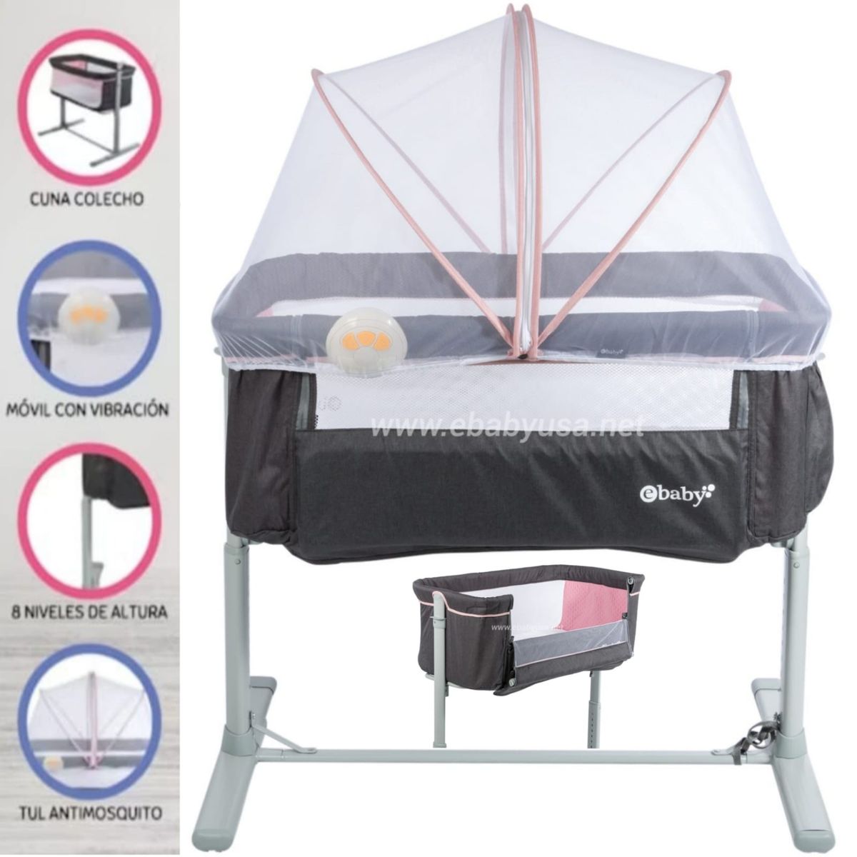 EBABY - Cuna Colecho Ebaby Musical y Vibrador TAMI ROSADO