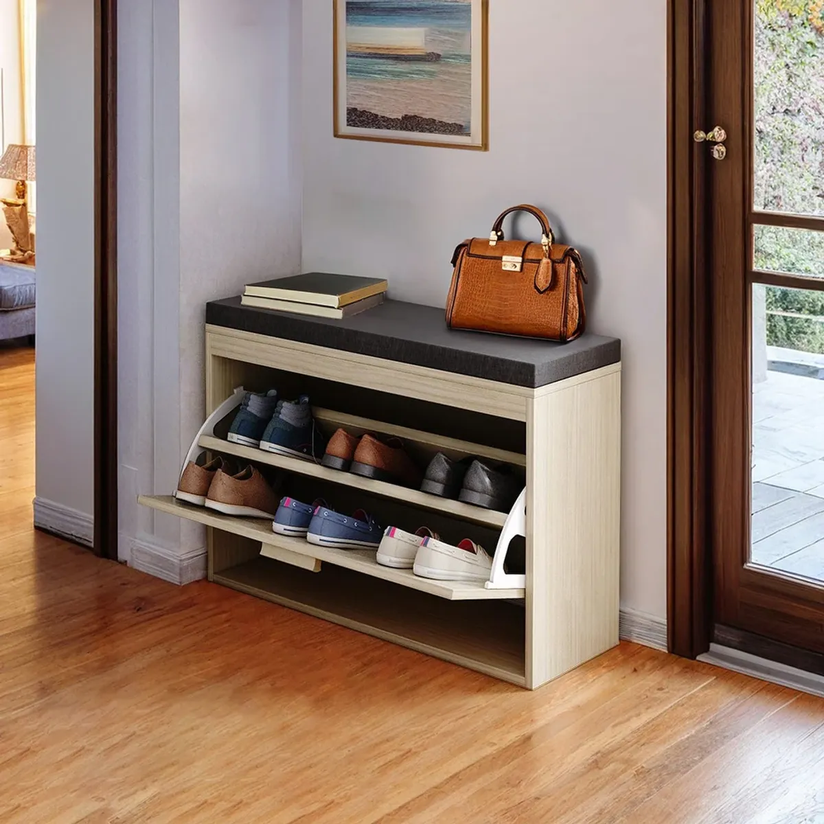 R&R MUEBLES - Zapatera Recibidor con Asiento Acolchado Nórdico Cris R&R MUEBLES