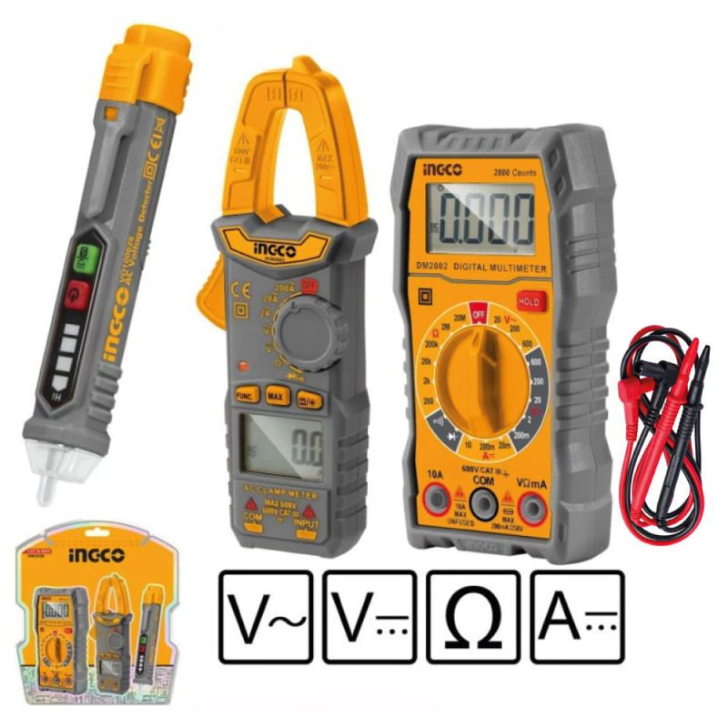 INGCO TOOLS - Kit 3 Herramientas Prueba Eléctrica Ingco Amperímetro + Multimetro Digital + Detector Voltaje DM3028