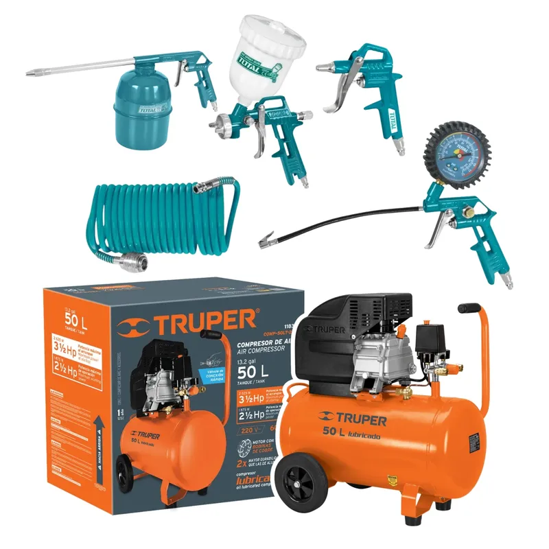 TRUPER - Compresora 50 Litros Truper + Kit Neumático 5 piezas Total