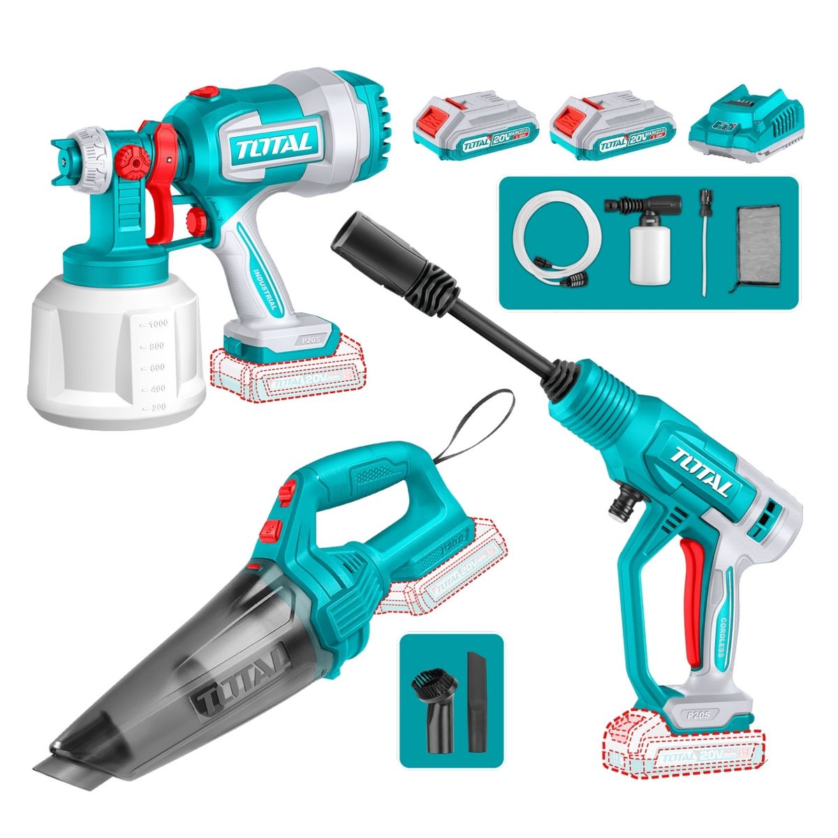 TOTAL TOOLS - Combo Pistola para pintar + Hidrolavadora + Aspiradora 20v Total