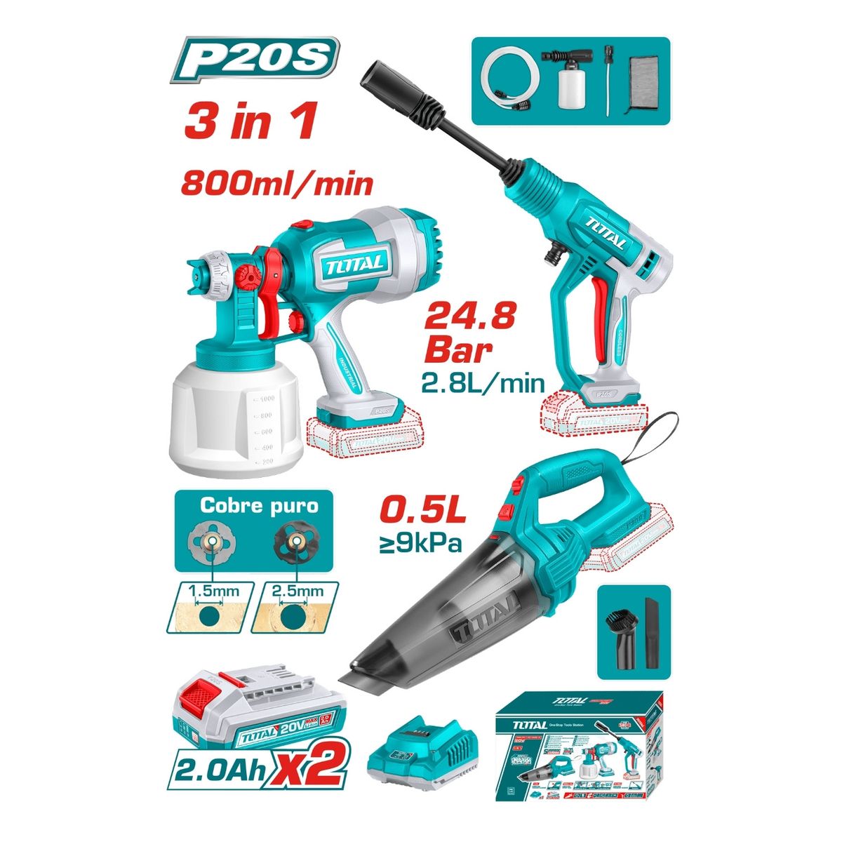 TOTAL TOOLS - Combo Pistola para pintar + Hidrolavadora + Aspiradora 20v Total