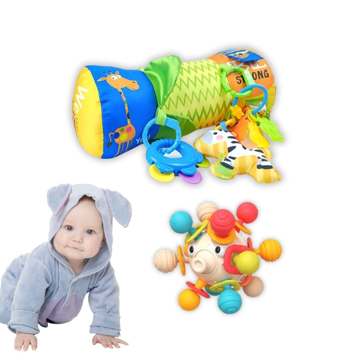 GENERICO - Pack 2 en 1 Rodillo Sensorial + Sonajero Ojitos para Bebé