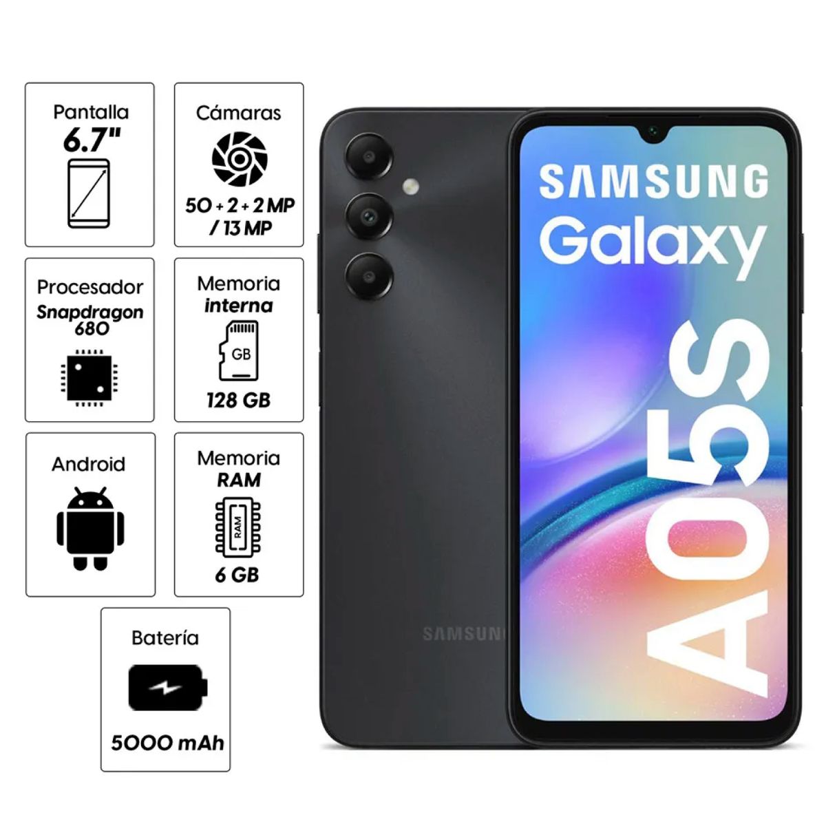 SAMSUNG - Celular Samsung Galaxy A05s 128GB 6GB ram cámara principal 50MP frontal 13MP 67 Negro
