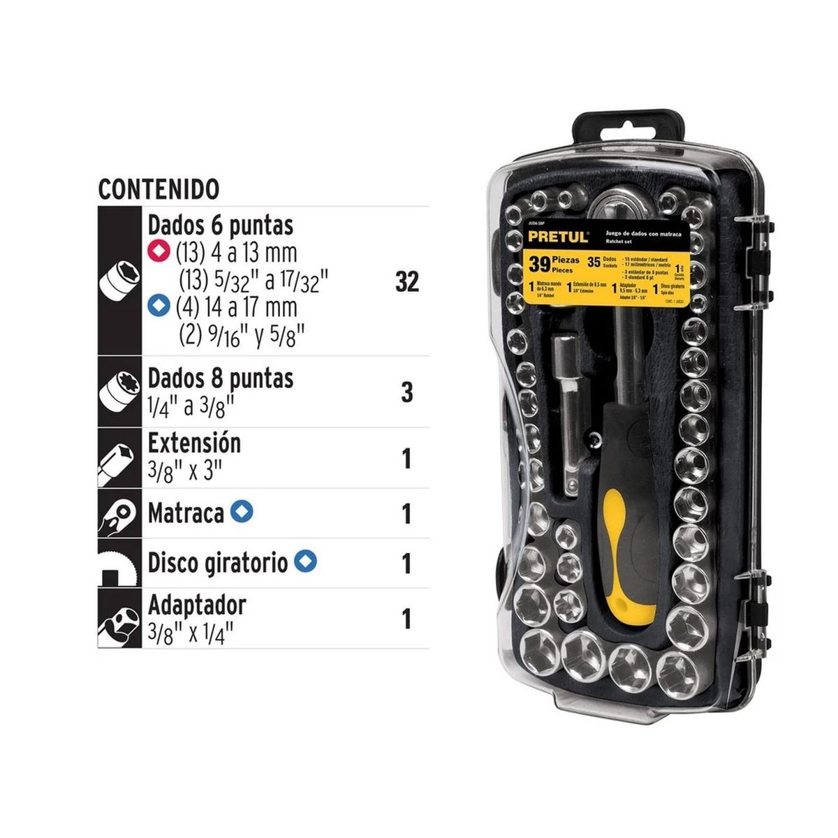 PRETUL - Juego Rachet de 39 Herramientas 1/4”