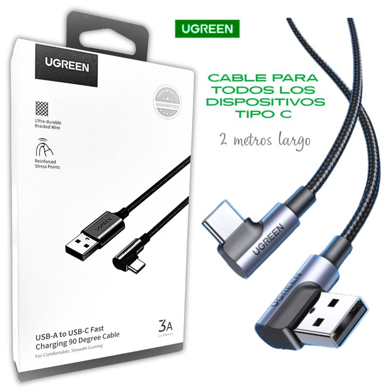 UGREEN - Cable Carga Rápida 90° USB-A Tipo C Ángulo Recto USB A a USB C 2metros