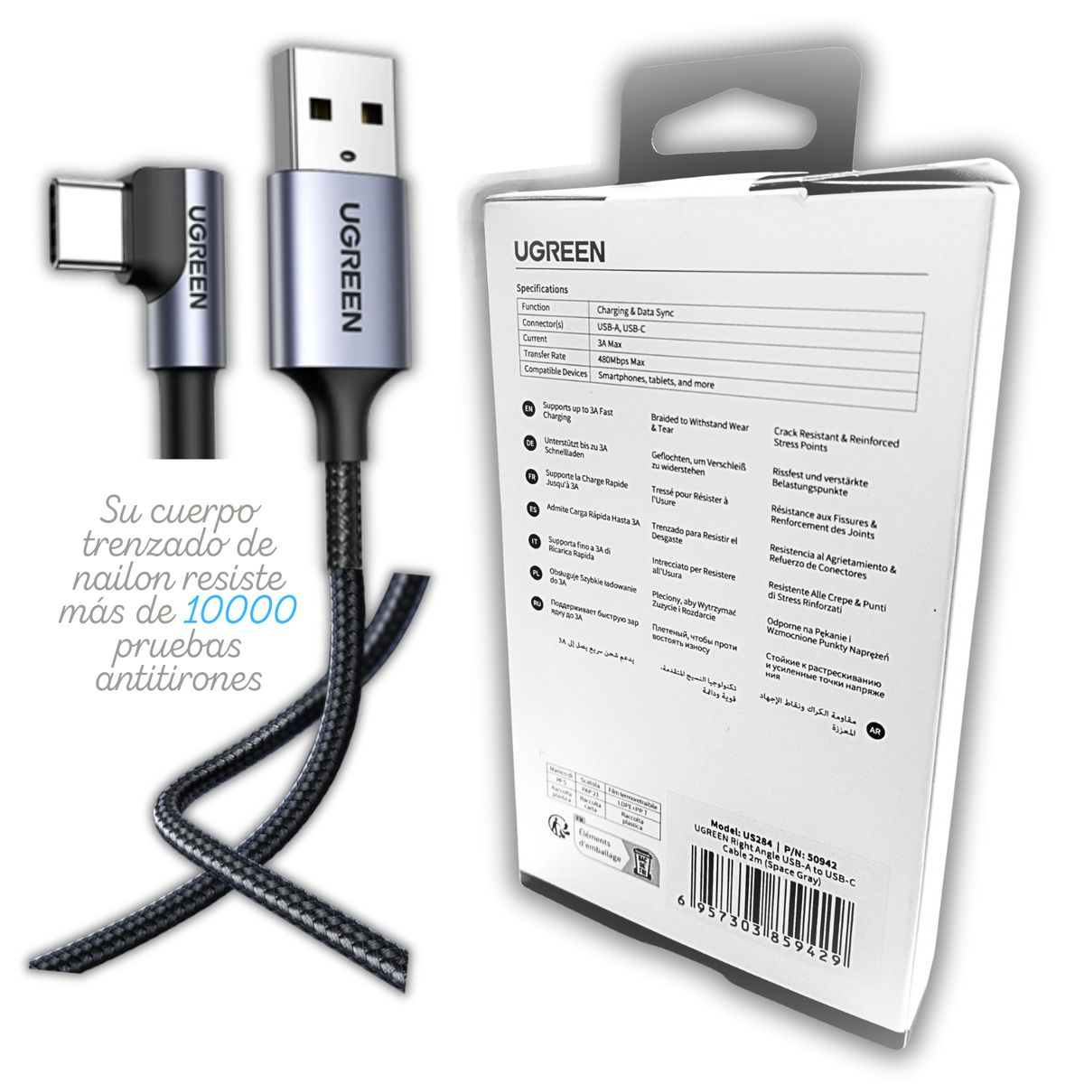 UGREEN - Cable Carga Rápida 90° USB-A Tipo C Ángulo Recto USB A a USB C 2metros