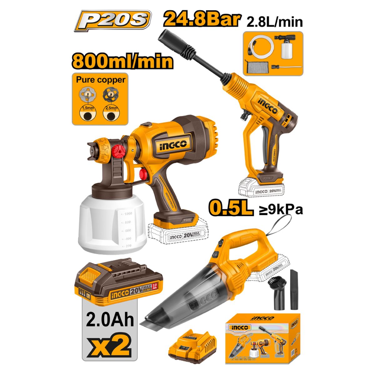 INGCO TOOLS - PISTOLA DE PINTAR INGCO 20V + HIDROLAVADORA + ASPIRADORA COSLI230522