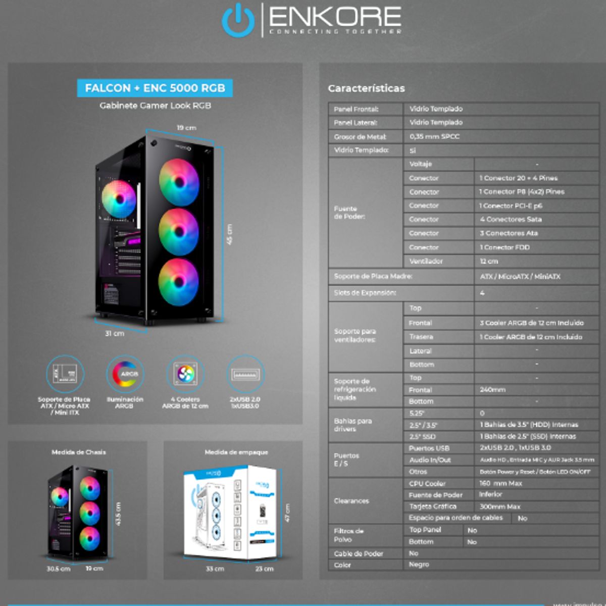 ENKORE - Case Gamer FALCON+ ENK 5000-RGB-350W  Psu 350W 4Fan 12CM RGB ENKORE