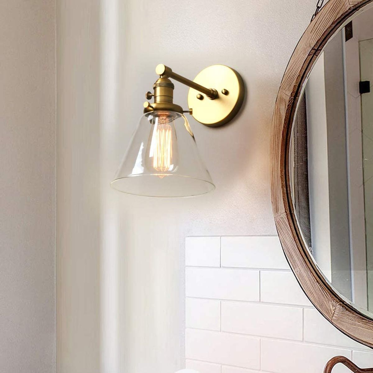 HOME NEAT - Aplique de pared E27 vidrio vintage acabado de latón con interruptor