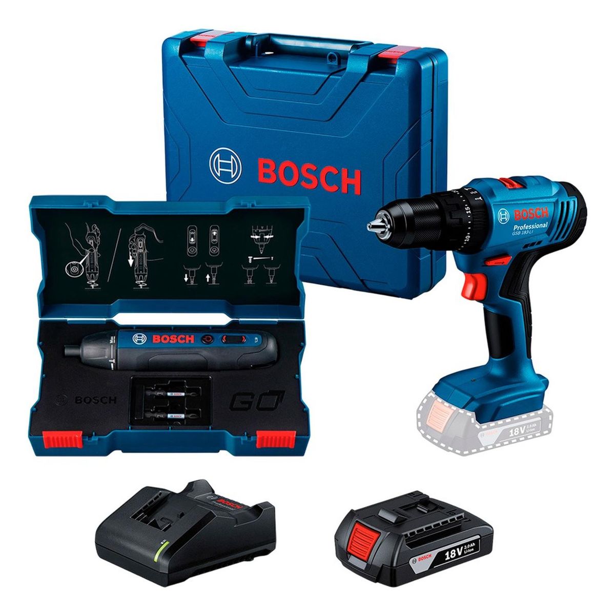 BOSCH - Taladro atornillador GSB 183 + Atornillador Bosch GO 2.0