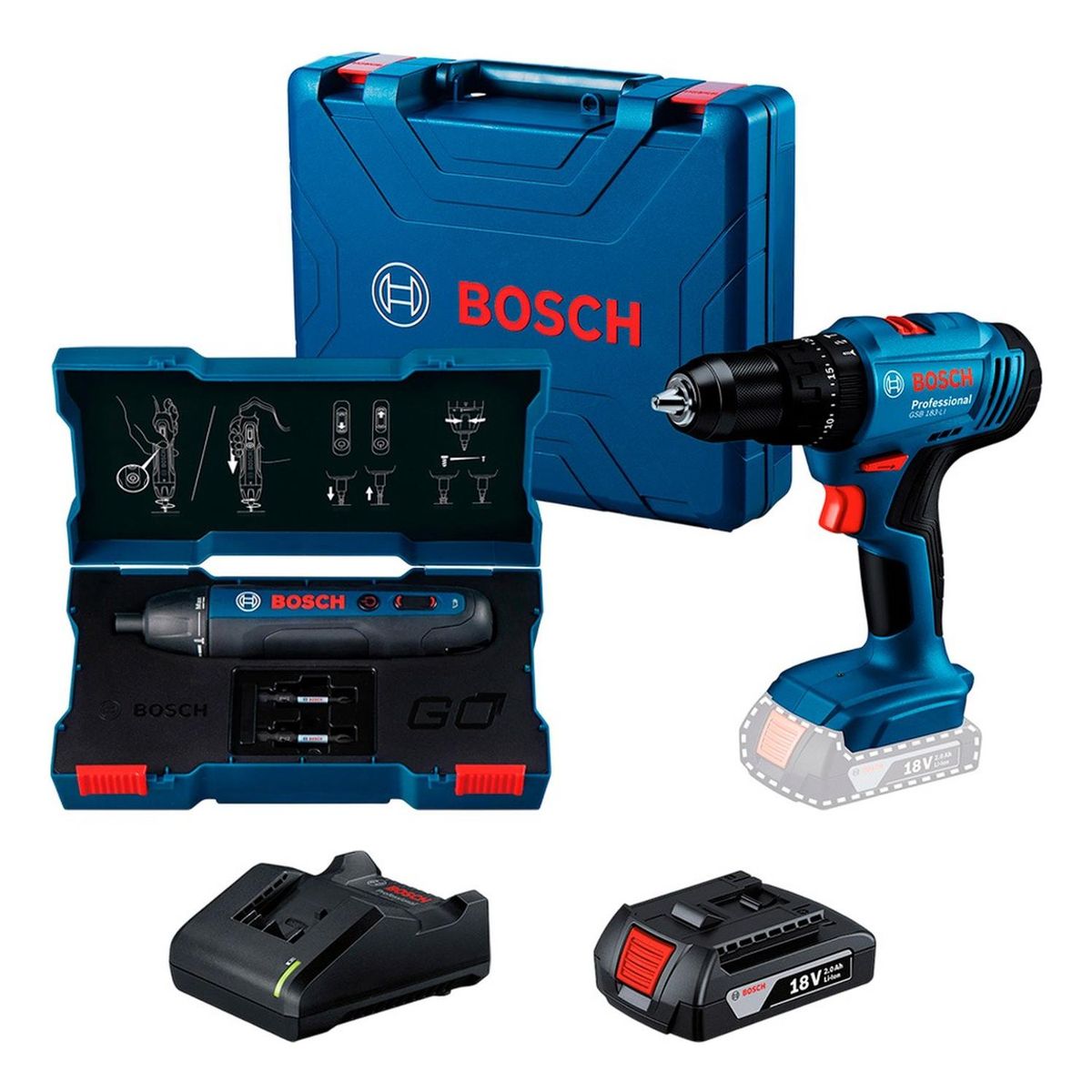 BOSCH - Taladro atornillador GSB 183 + Atornillador Bosch GO 2.0